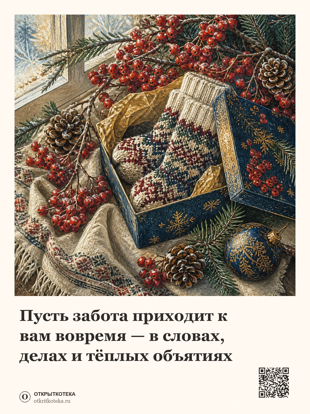 Рябина, хвоя и вязаный подарок