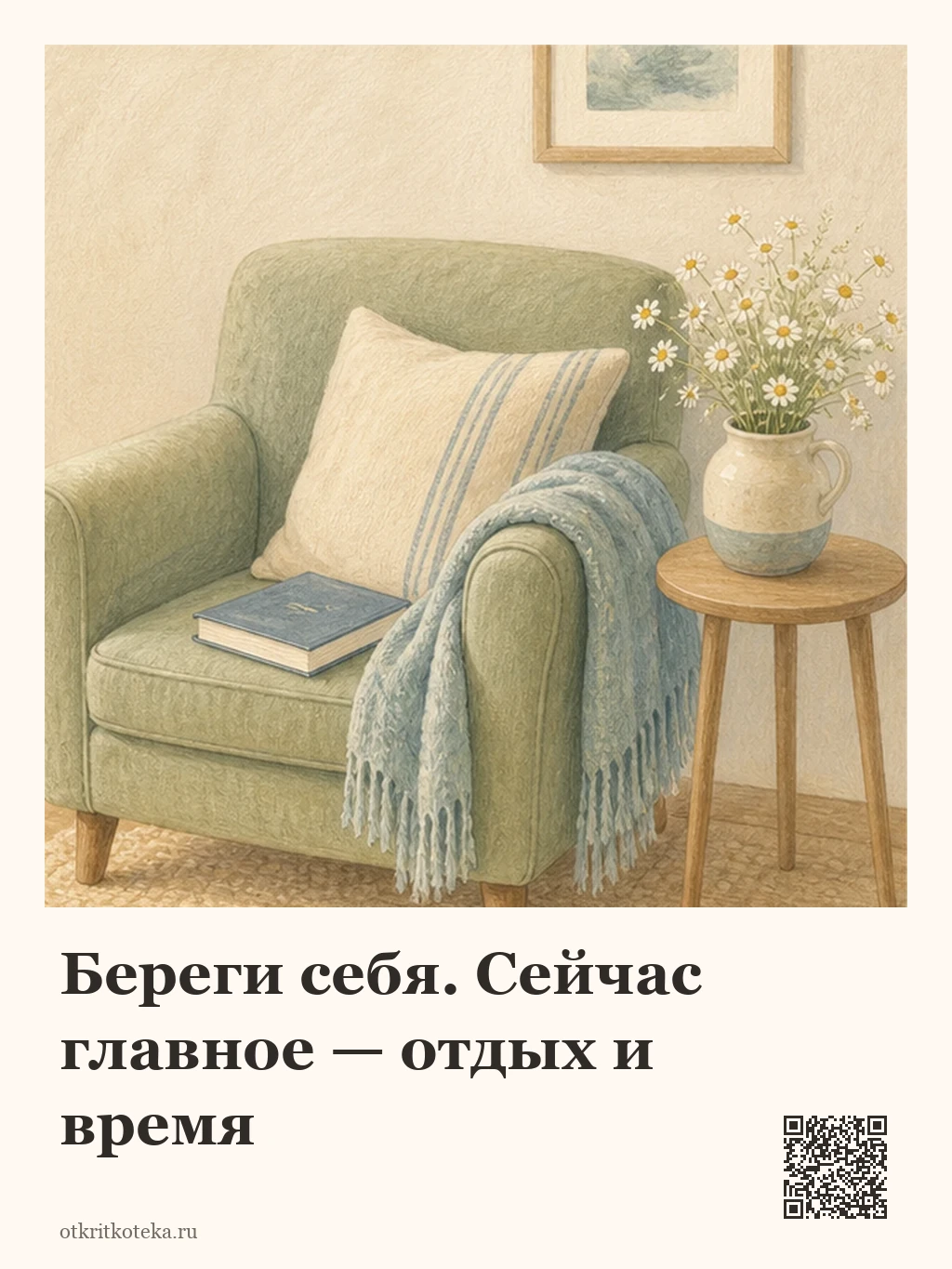 Кресло с пледом, книгой и ромашками