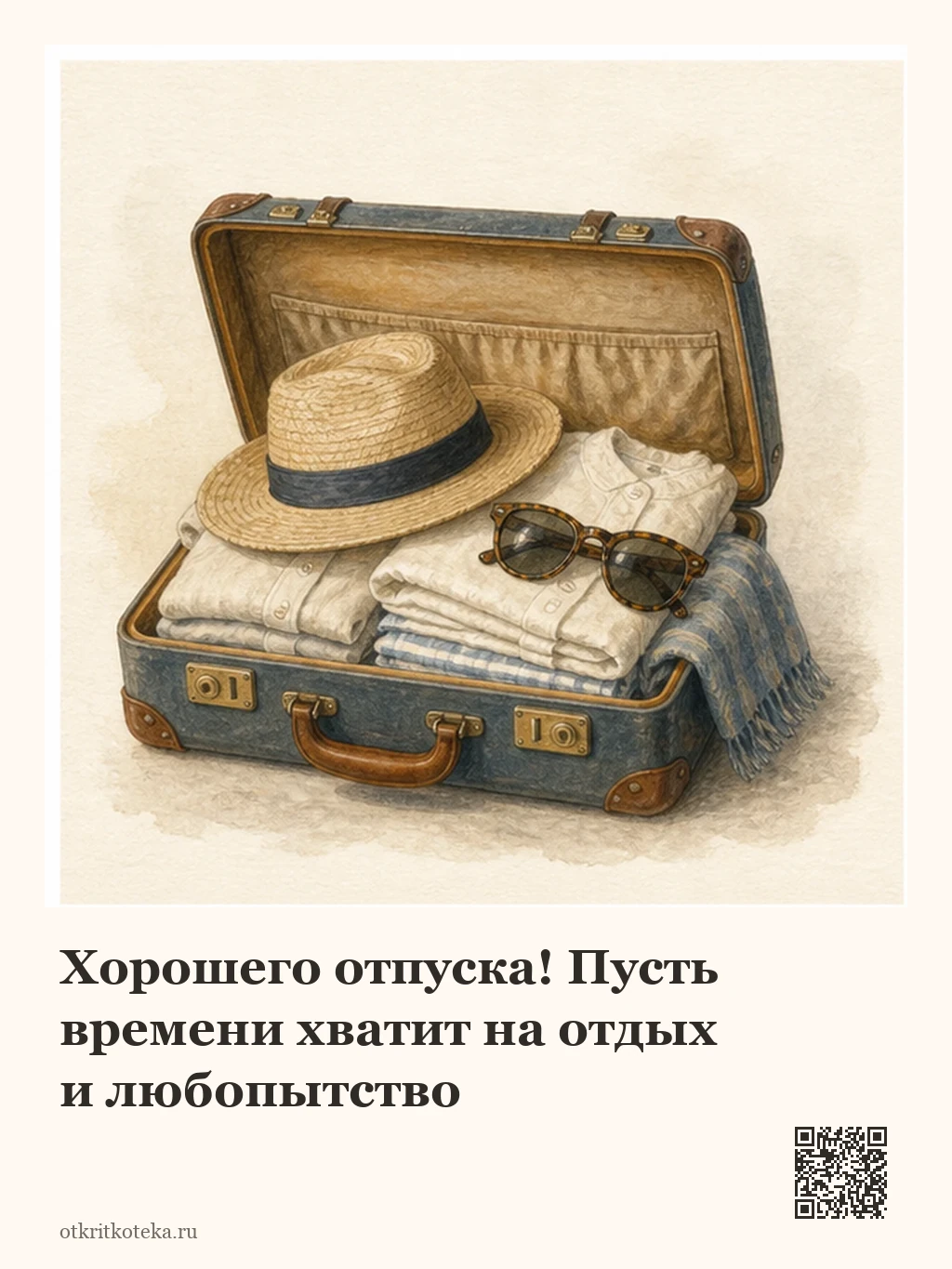 Открытый чемодан с летними вещами и шляпой