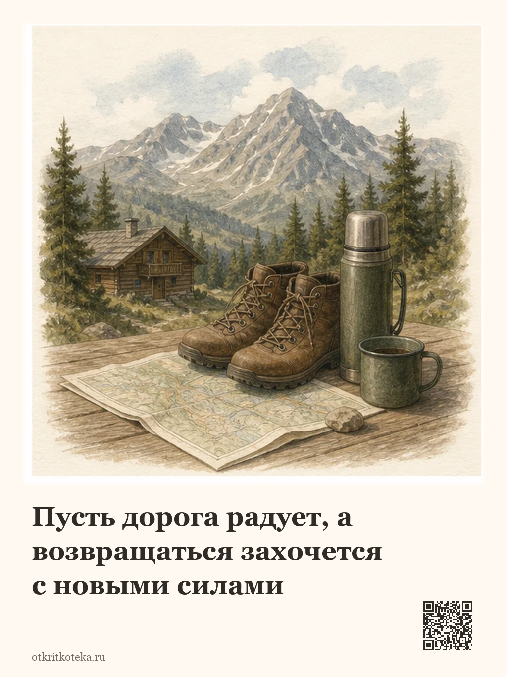 Походные ботинки, термос и карта на фоне гор