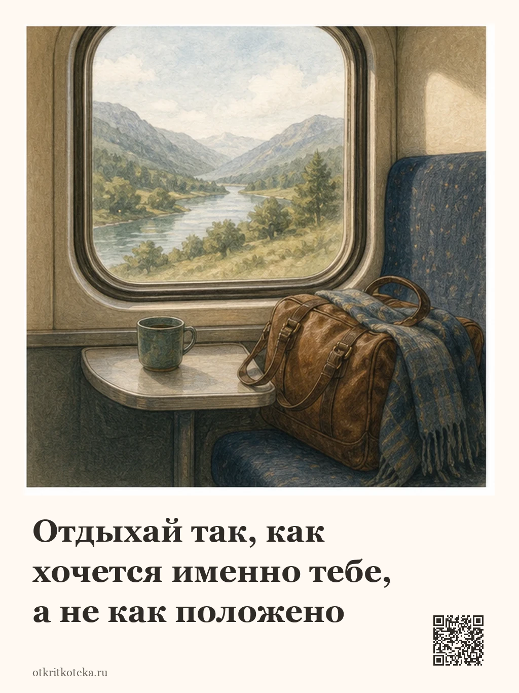 Пейзаж за окном поезда и дорожная сумка