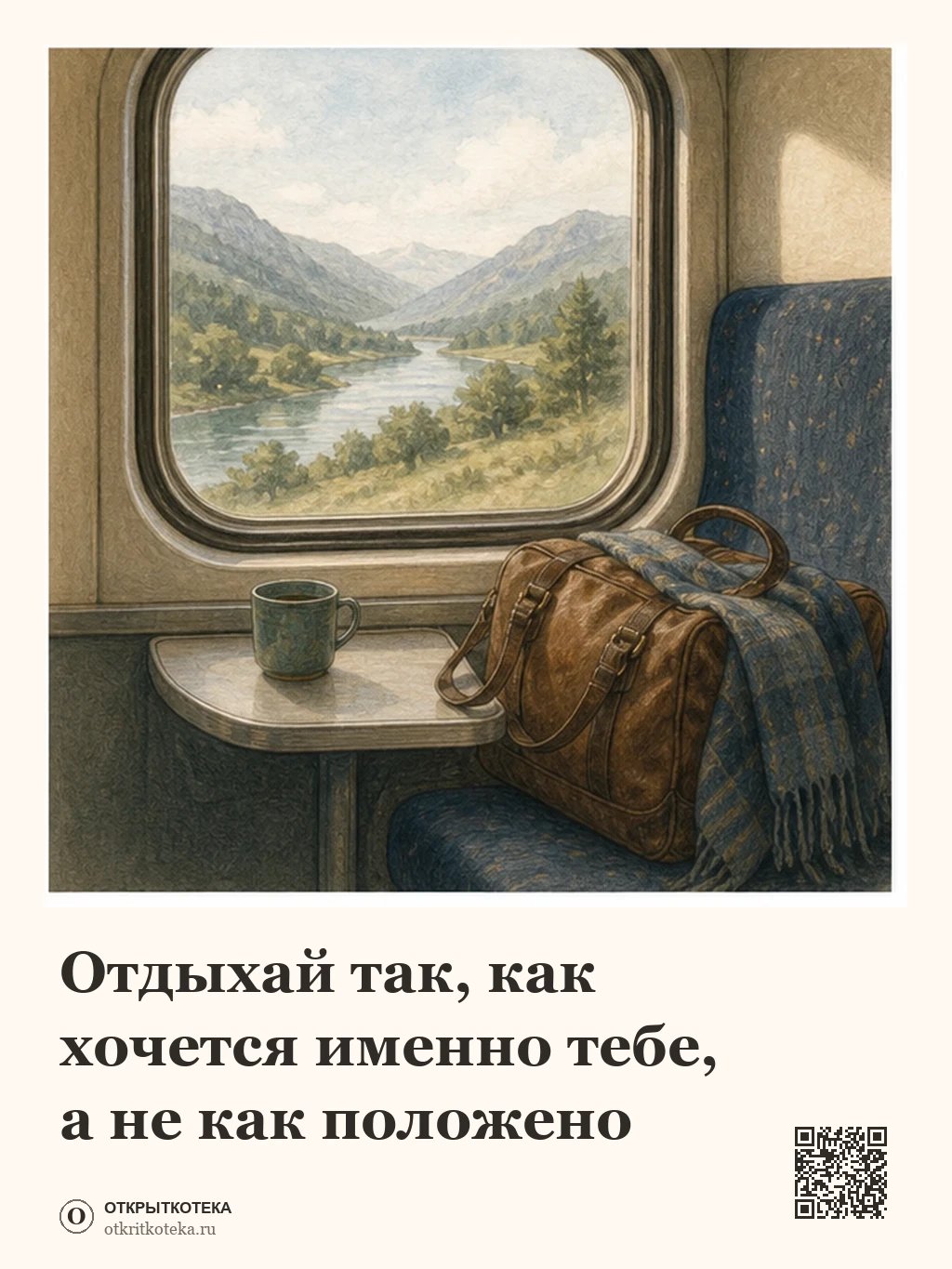 Пейзаж за окном поезда и дорожная сумка