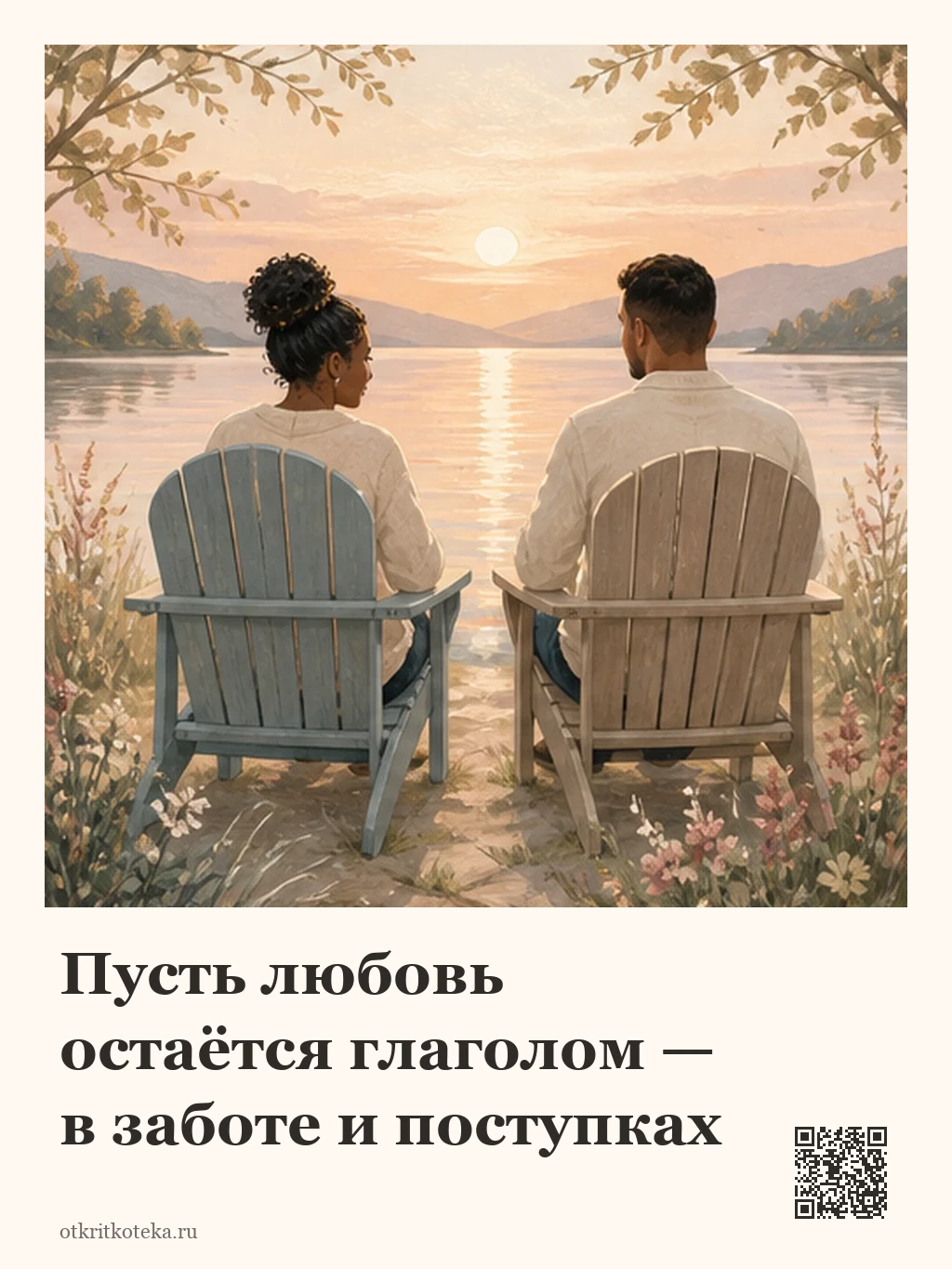 Пара сидит рядом у озера на закате