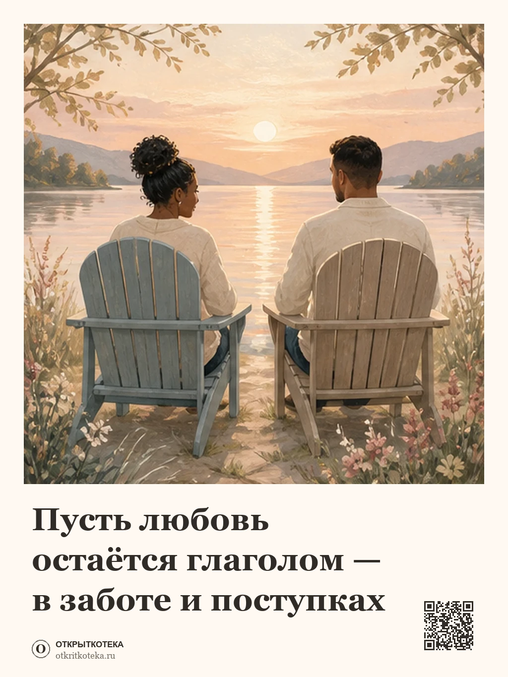 Пара сидит рядом у озера на закате