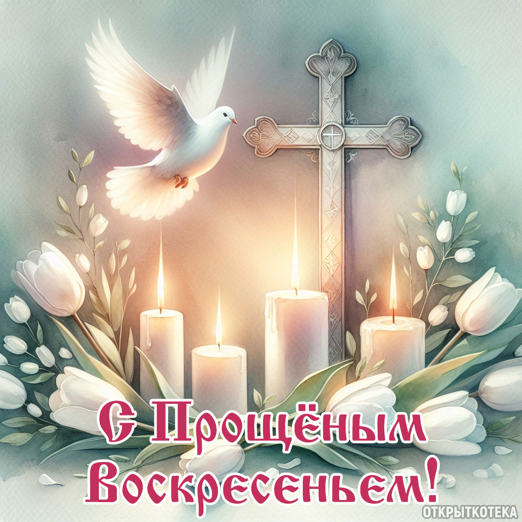 картинка прощёное воскресенье, крест и голубь, свечи, белые тюльпаны 