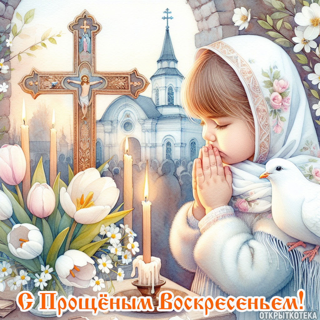 картинка прощёное воскресенье, маленькая девочка в платке молится у креста 