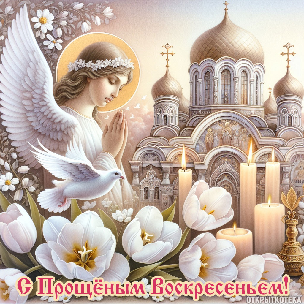 картинка прощёное воскресенье, ангел-девушка и белые тюльпаны 
