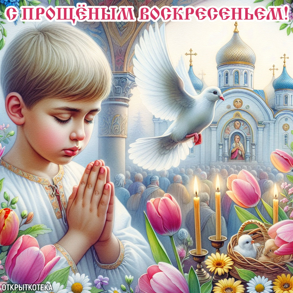 картинка прощёное воскресенье, мальчик у храма и розовые тюльпаны 