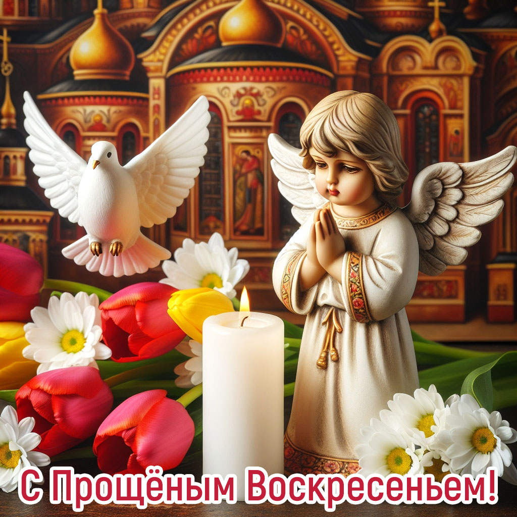 картинка прощёное воскресенье, фигурка мальчика-ангела с голубем, красные тюльпаны и ромашки