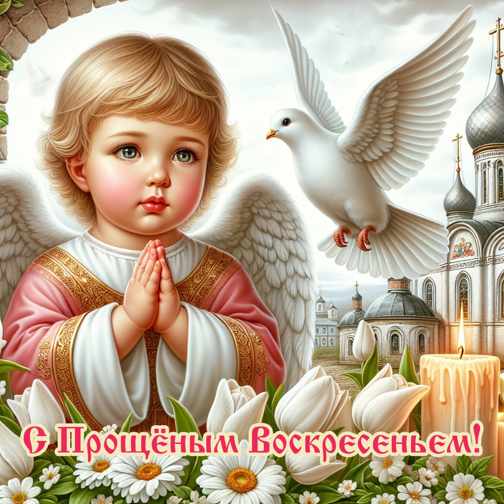 картинка прощёное воскресенье, мальчик-ангел на фоне храма 
