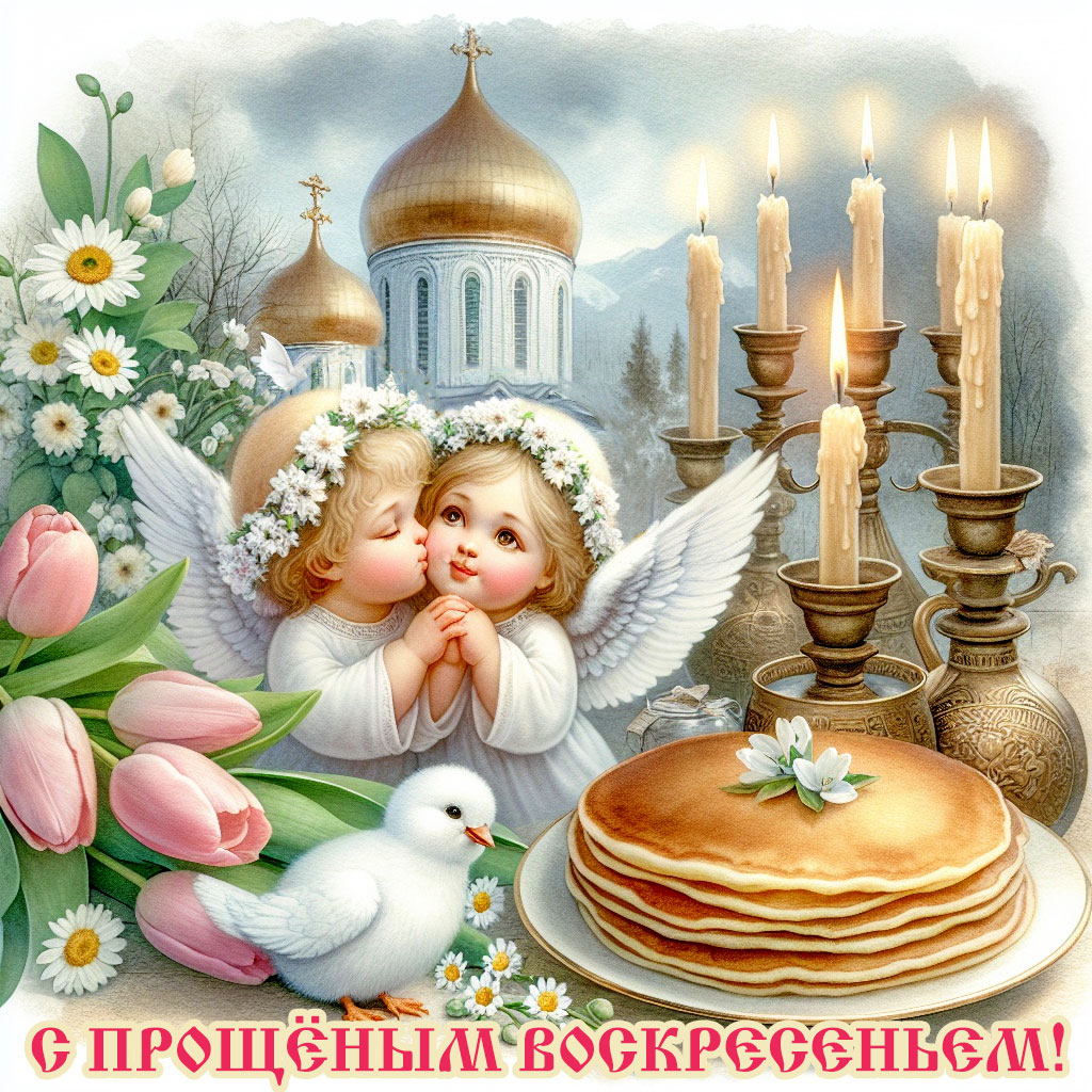 картинка прощёное воскресенье, два крошечных ангела у тарелки с блинами