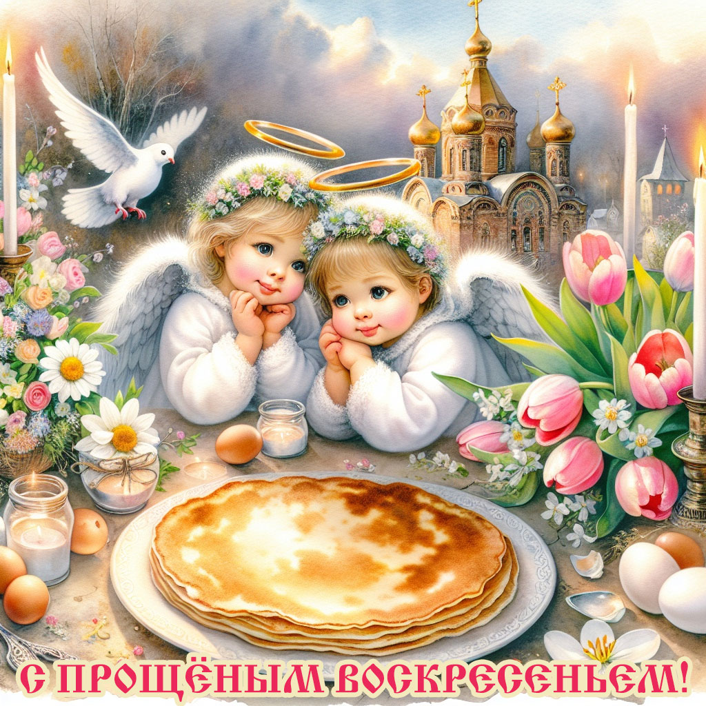 картинка прощёное воскресенье, два нежных маленьких ангела и блины