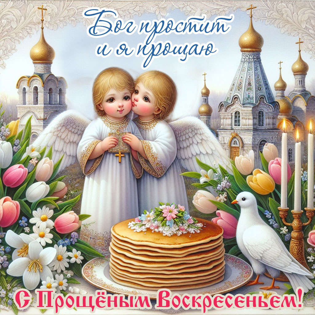 картинка прощёное воскресенье, два маленьких милых ангела и тарелка с блинами