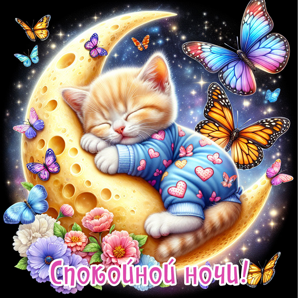 открытки с котятами спокойной ночи, котёнок в пижаме спит на луне