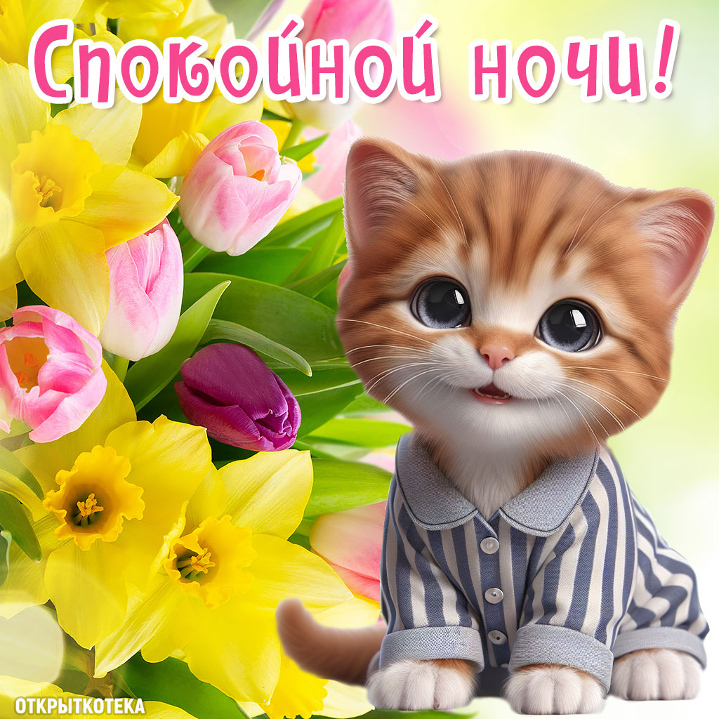 открытки с котятами спокойной ночи, рыжий котёнок в пижаме и цветы