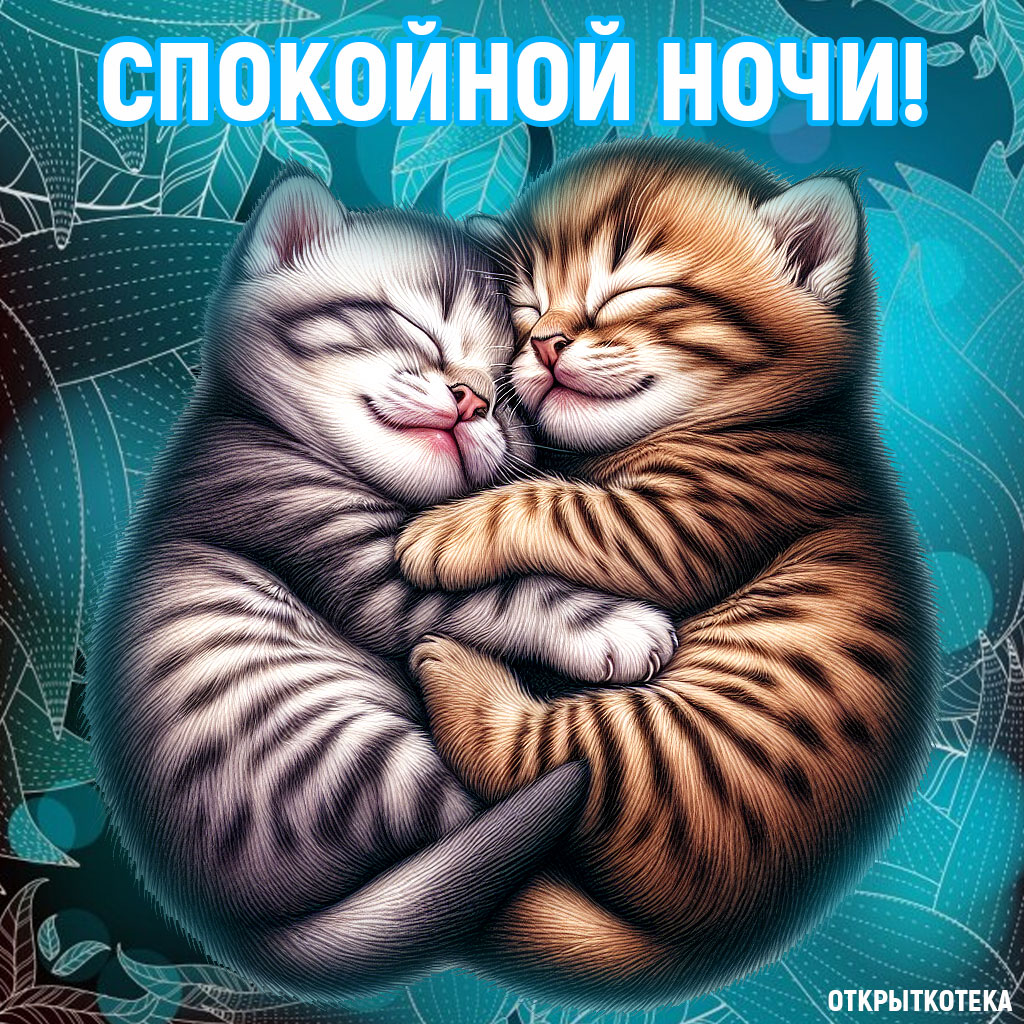 открытки с котятами спокойной ночи, два котёнка спят в обнимку