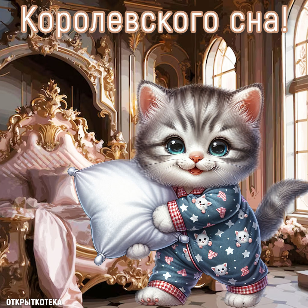 открытки с котятами спокойной ночи, котёнок в пижамке держит подушку