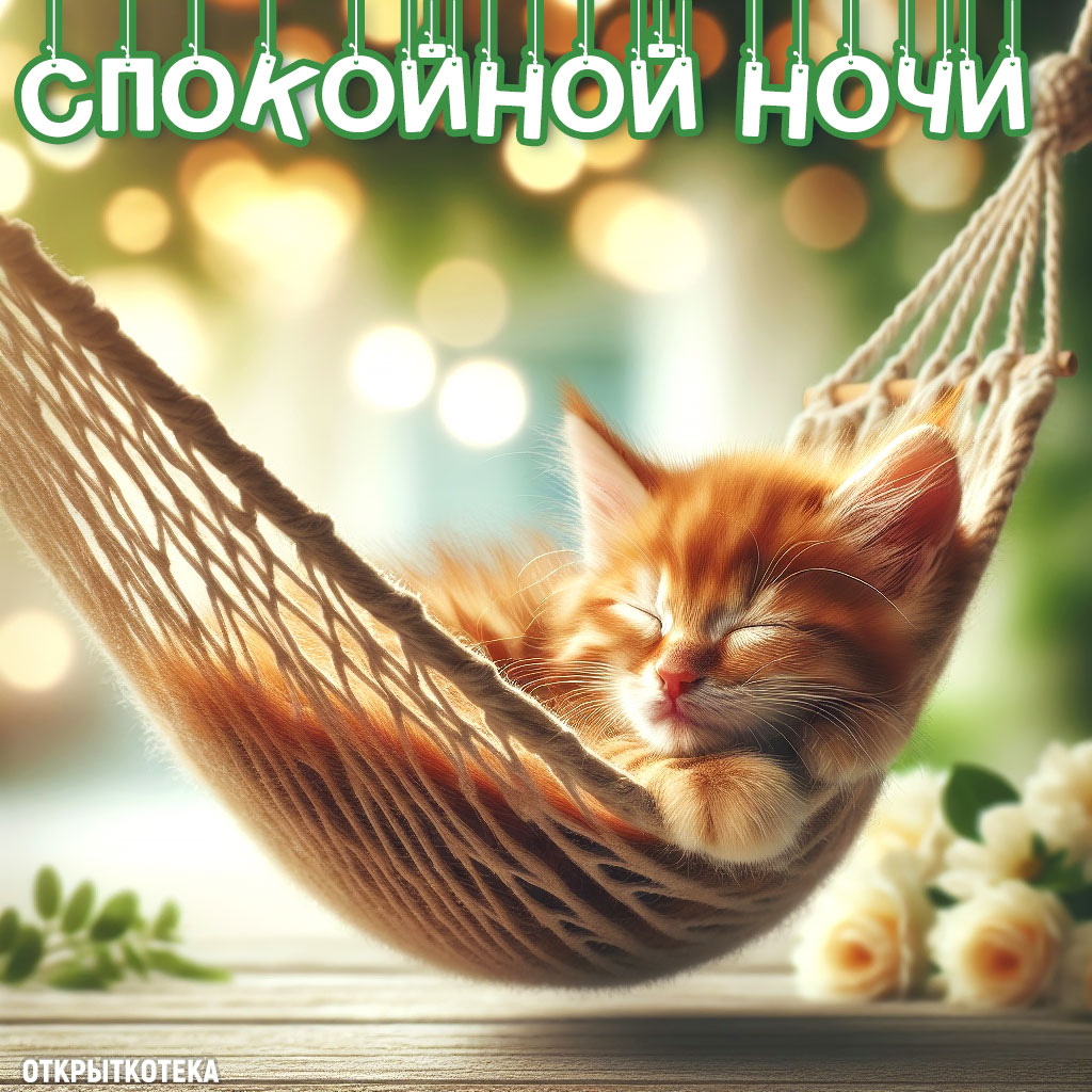 открытки с котятами спокойной ночи, рыжий милый котёнок уснул в гамаке