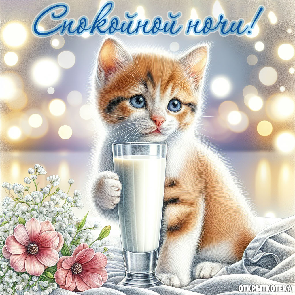 открытки с котятами спокойной ночи, рыжий маленький котик держит стакан молока 