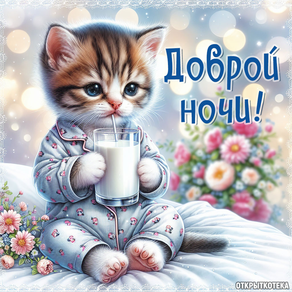 открытки с котятами спокойной ночи, котёнок в пижаме пьёт молоко из стакана