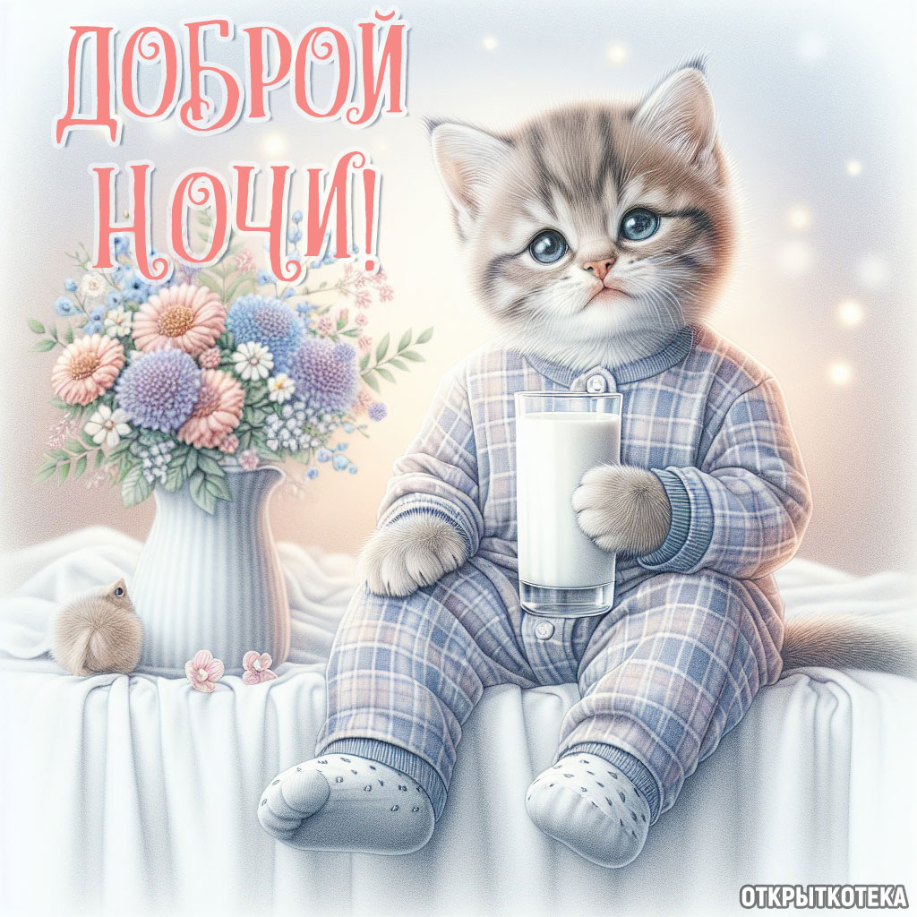 открытки с котятами спокойной ночи, котёнок в пижаме со стаканом молока