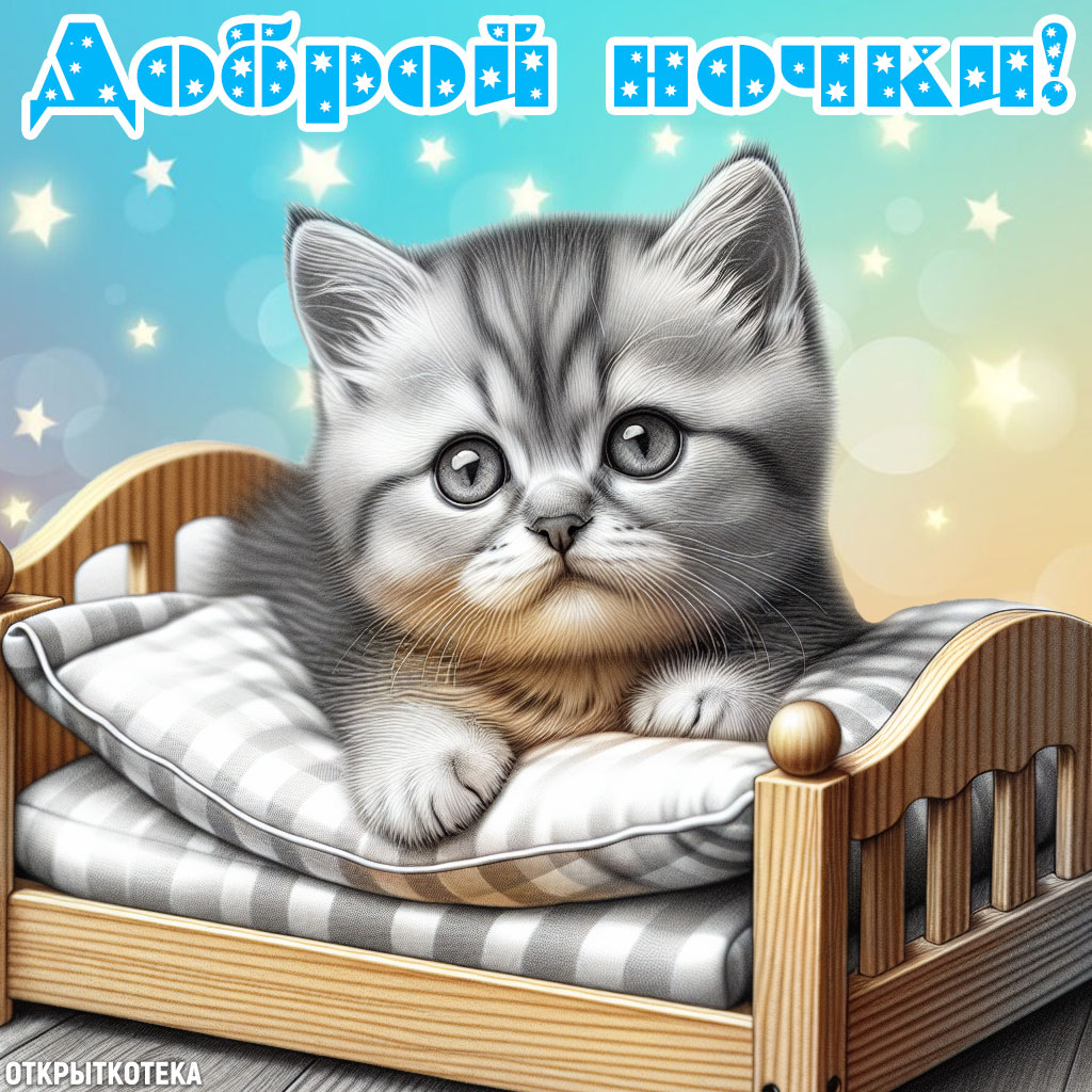открытки с котятами спокойной ночи, котёнок в кроватке
