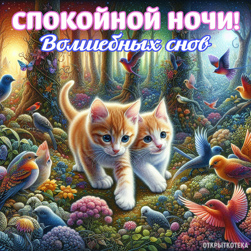 открытки с котятами спокойной ночи, два маленьких котика гуляют с сказочном лесу