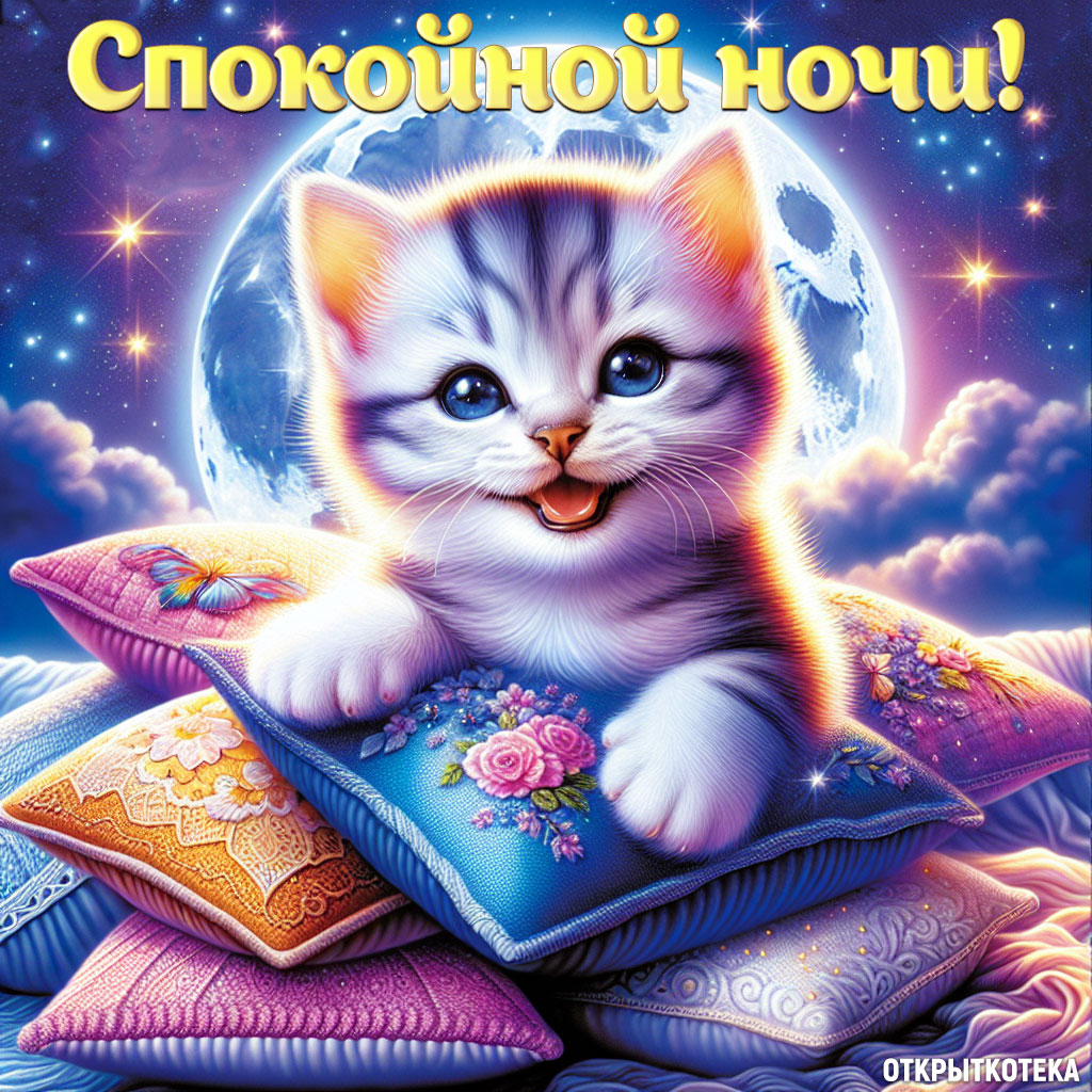 открытки с котятами спокойной ночи, счастливый котёнок на горе подушек