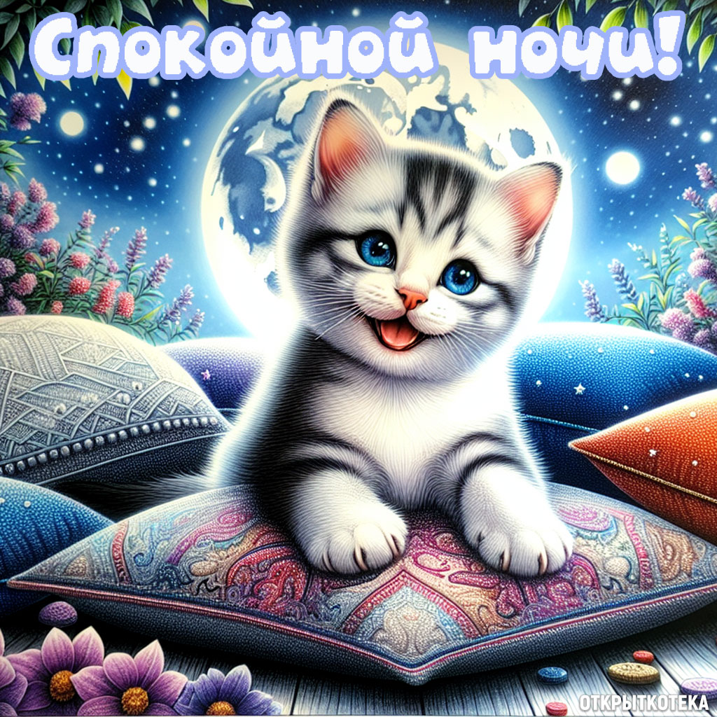 открытки с котятами спокойной ночи, счастливый котёнок и много подушек 