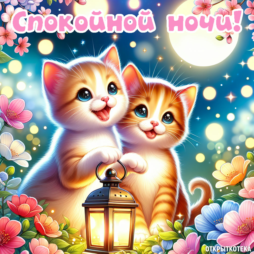 открытки с котятами спокойной ночи, два рыжих котёнка с фонариком под луной