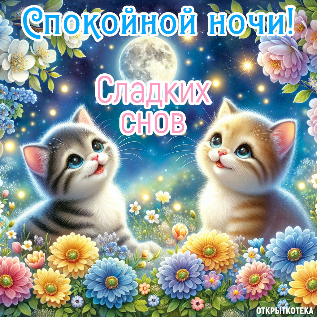 открытки с котятами спокойной ночи, два маленьких котика смотрят на луну