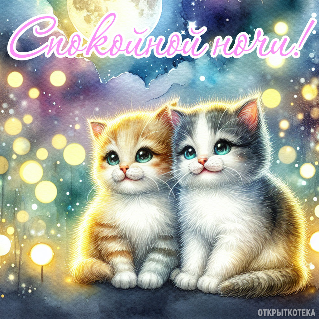 открытки с котятами спокойной ночи, два котёночка прижимаются друг к другу на фоне луны