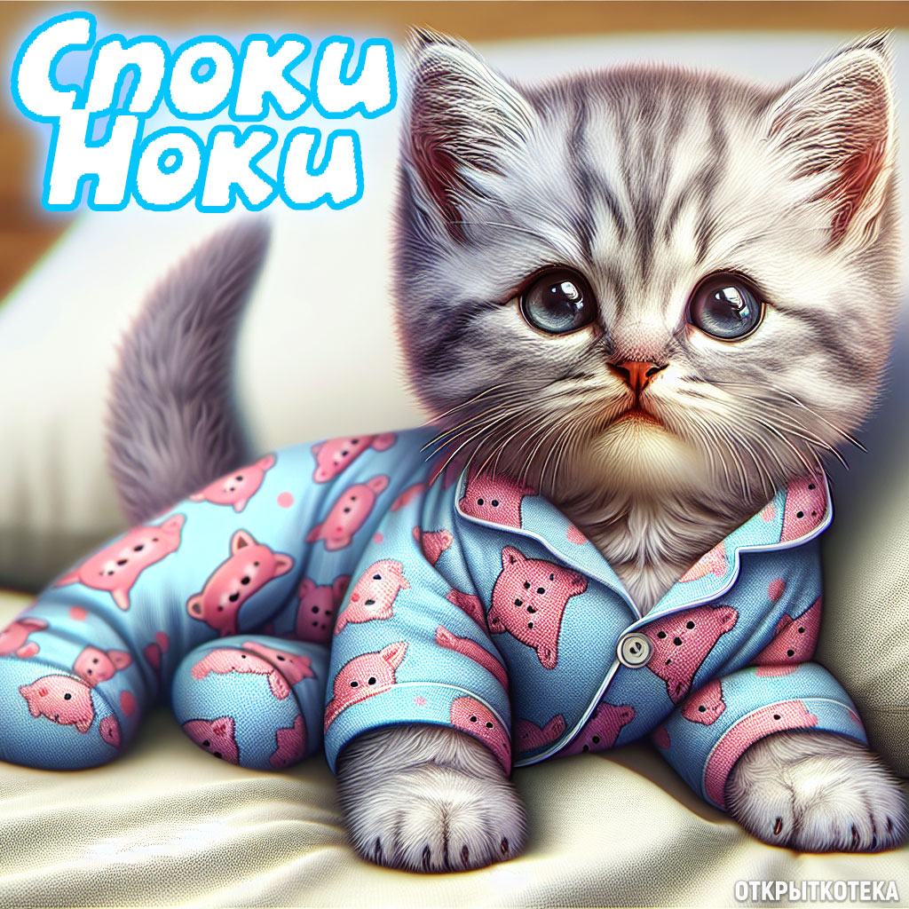 открытки с котятами спокойной ночи, котёнок в пижаме споки ноки