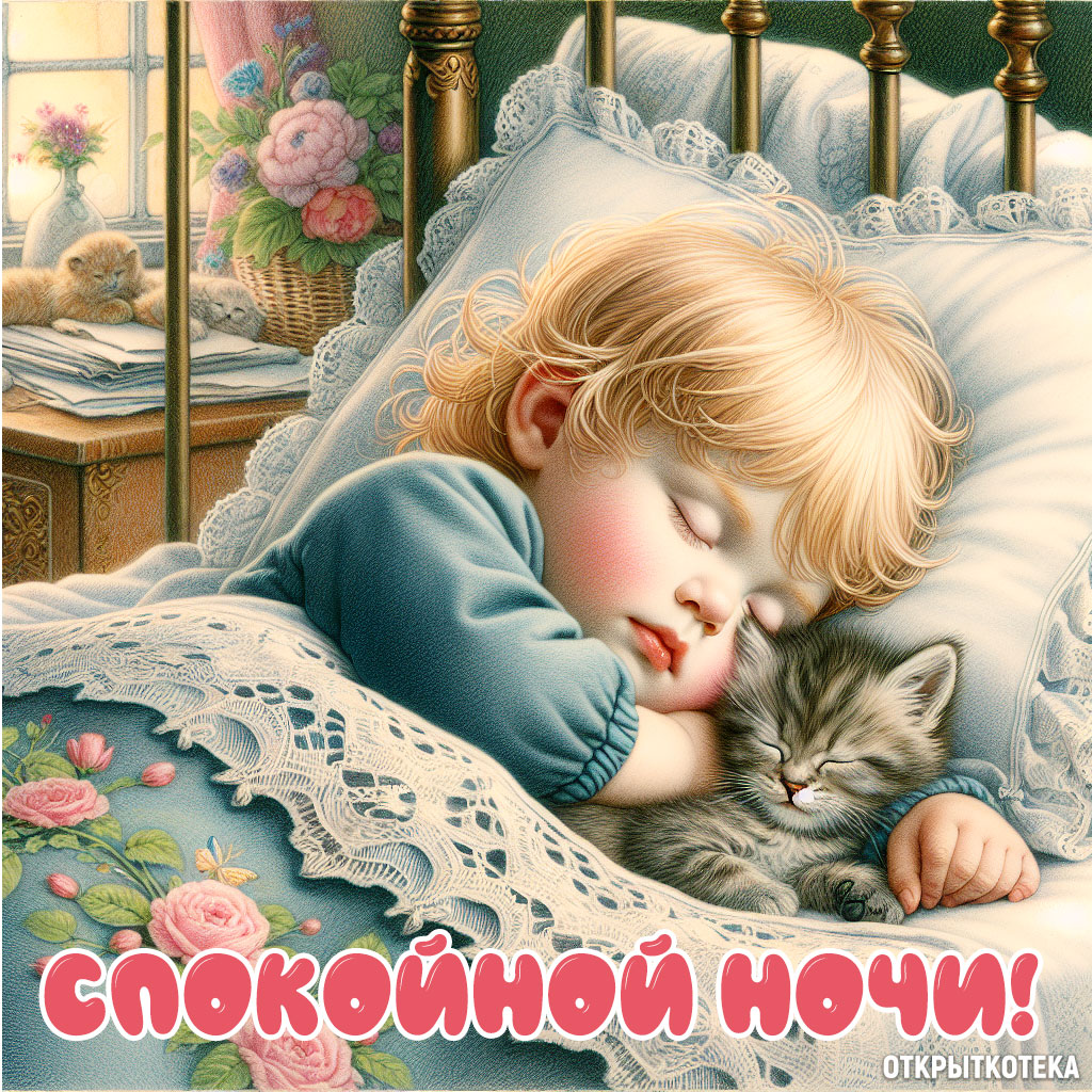 открытки с котятами спокойной ночи, ребёнок и котёнок спят