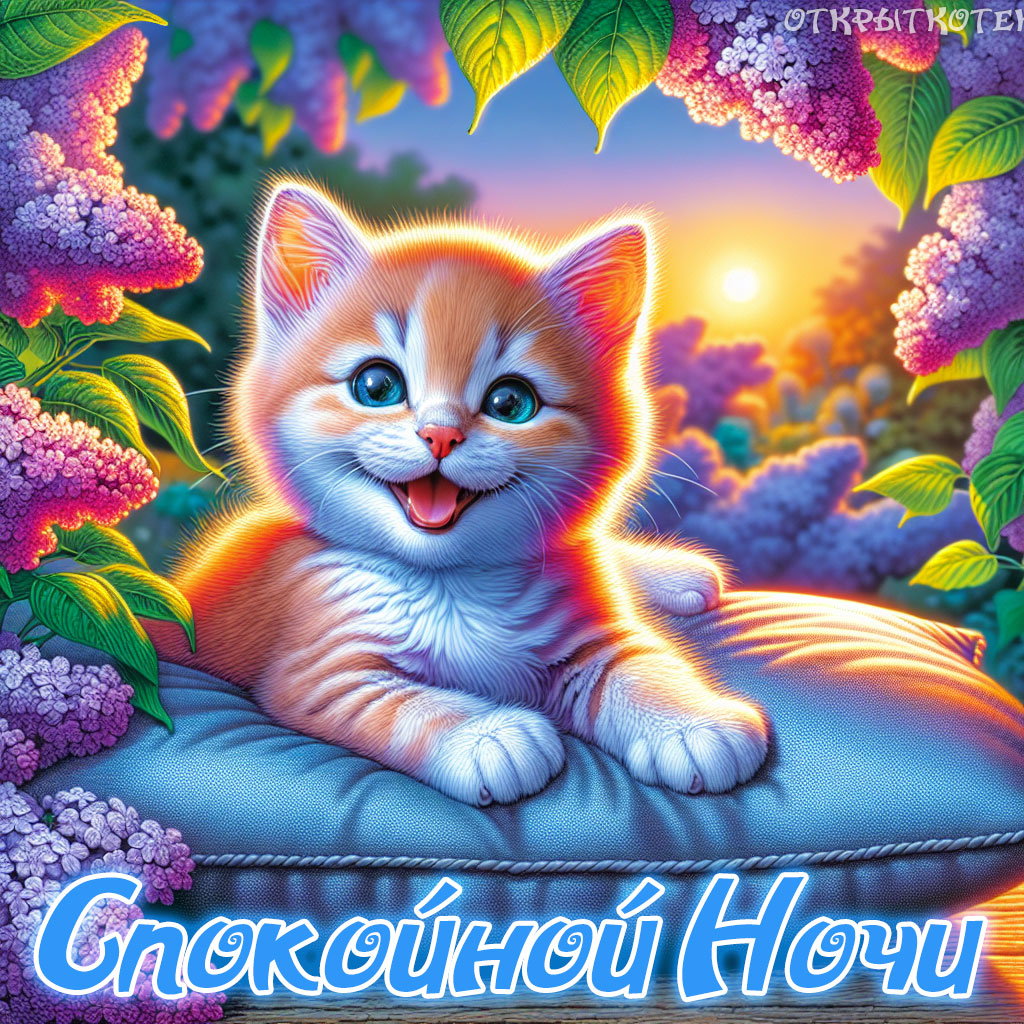 открытки с котятами спокойной ночи, рыжий котёнок на закате с сиренью
