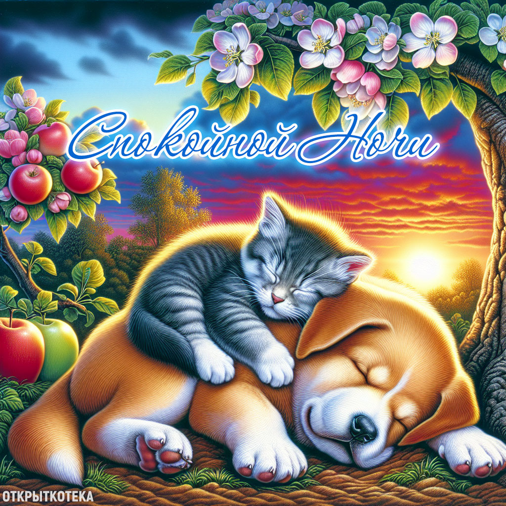 открытки с котятами спокойной ночи, котёнок спит на собаке