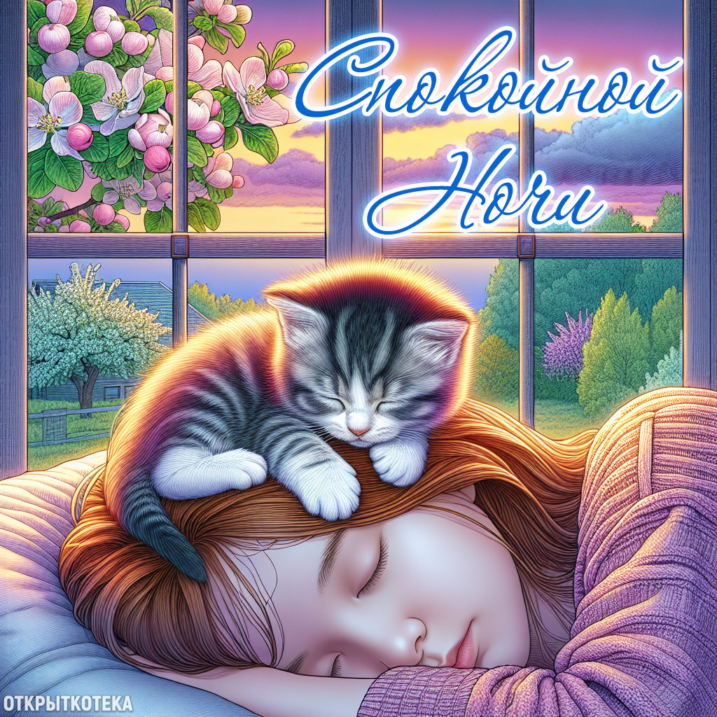 открытки с котятами спокойной ночи, котёнок спит на голове у девушки 