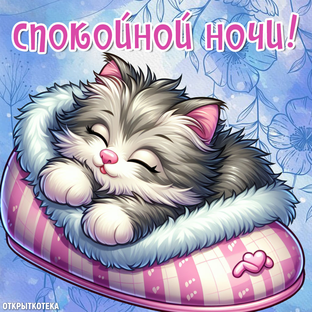 открытки с котятами спокойной ночи, котёнок заснул в розовом тапке