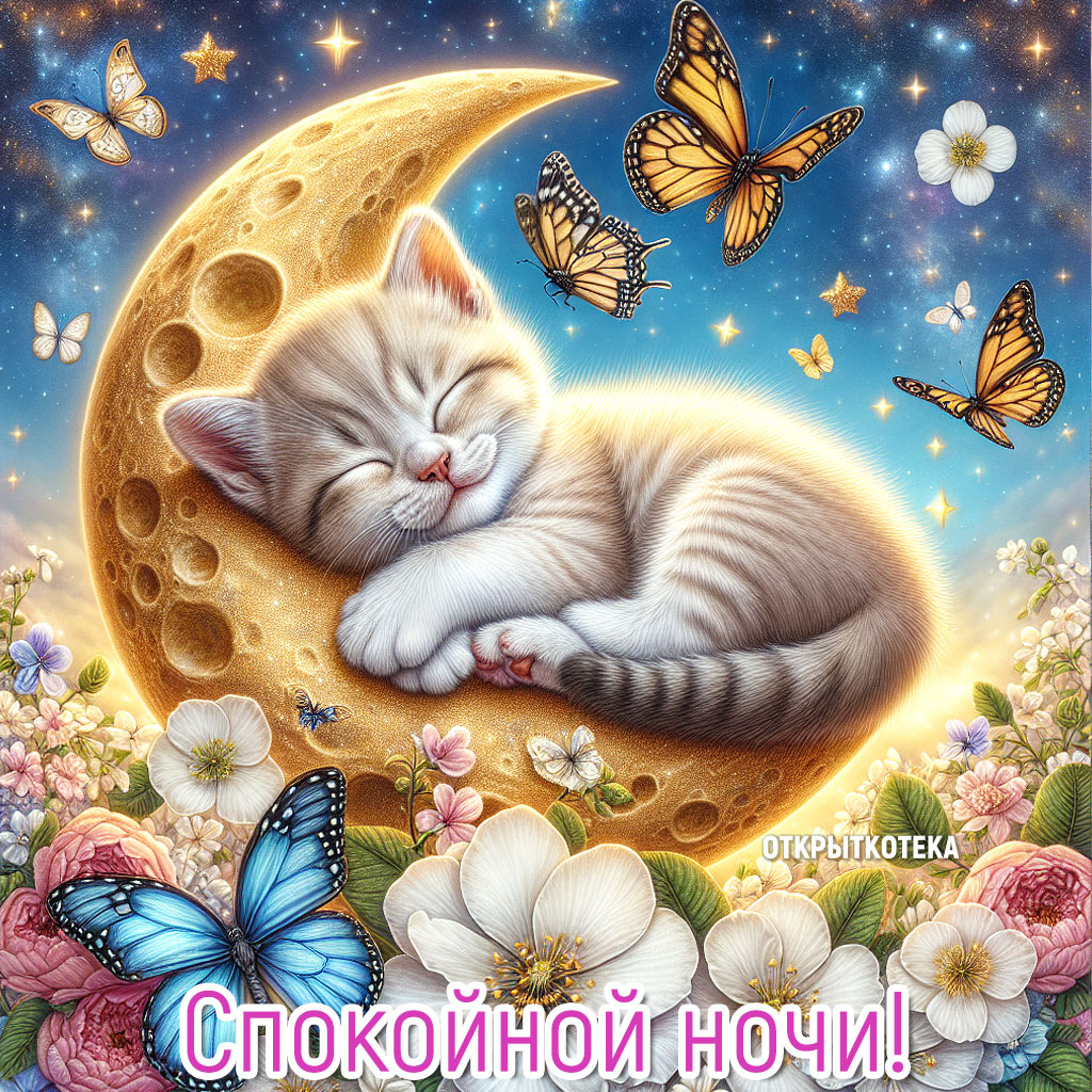 открытки с котятами спокойной ночи, рыжий котёнок спит на жёлтой луне