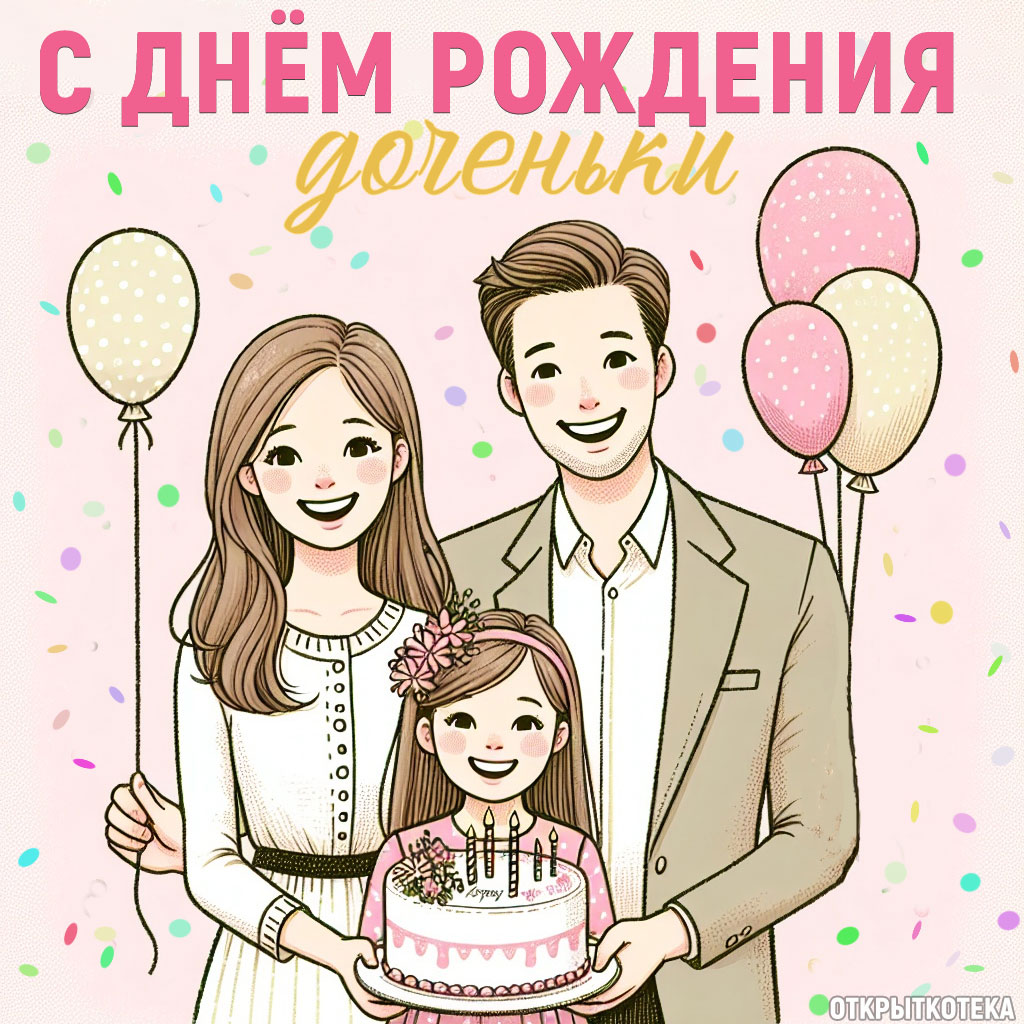 открытка с днём рождения для родителей доченьки, рисунок семьи