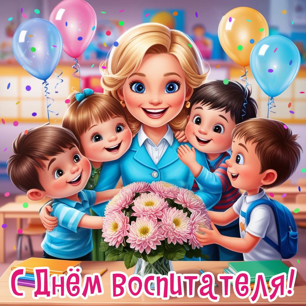 красивая картинка с днём воспитателя, счастливая воспитательница с детьми