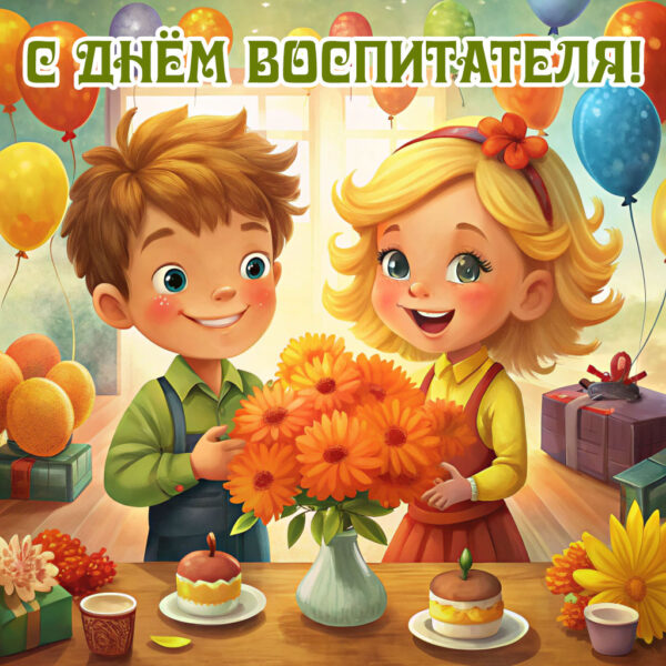 красивая картинка с днём воспитателя, мальчик и девочка с букетом