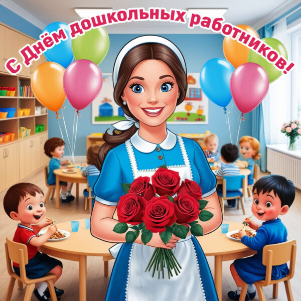 красивая картинка с днём дошкольных работников, нянечка с розами