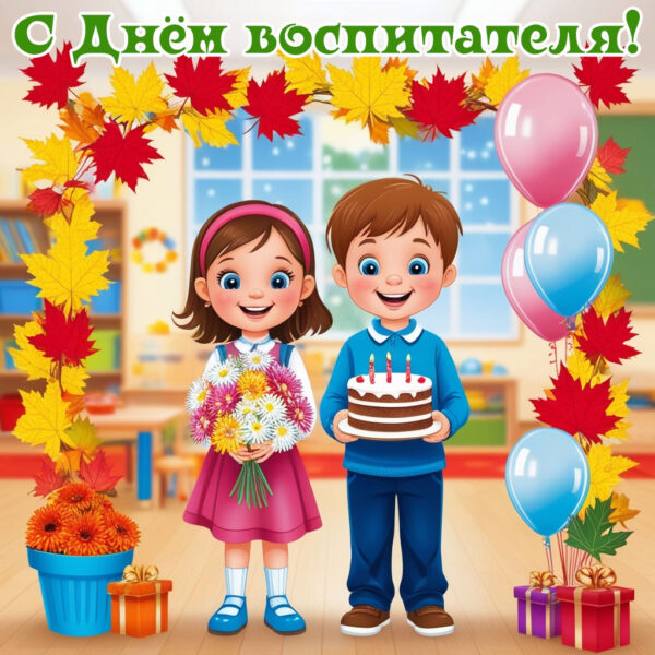 красивая картинка с днём воспитателя с детьми с тортом и букетом