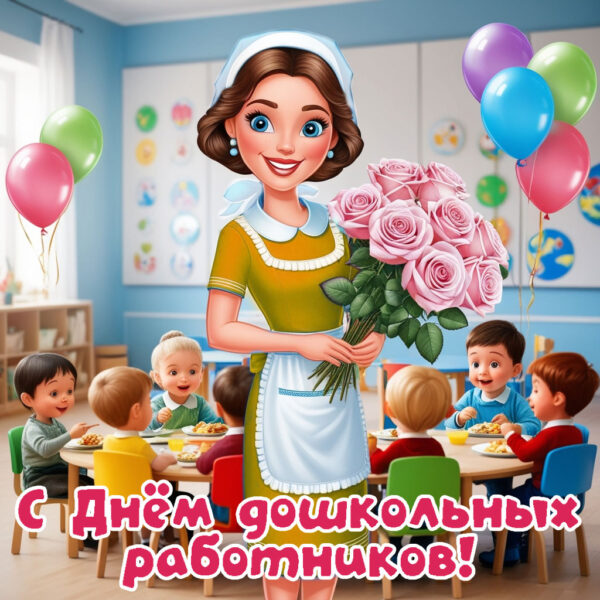 красивая картинка с днём дошкольных работников, нянечка с детьми