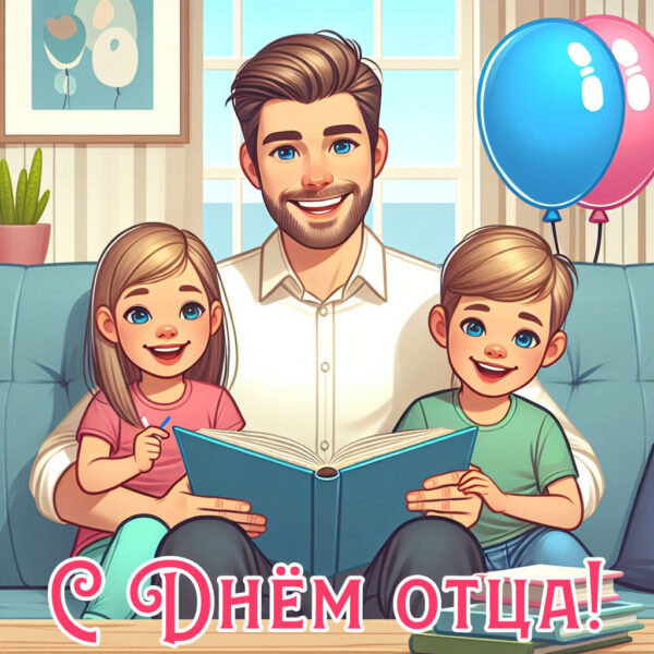 открытки с днём отца, папа и дети с книгой